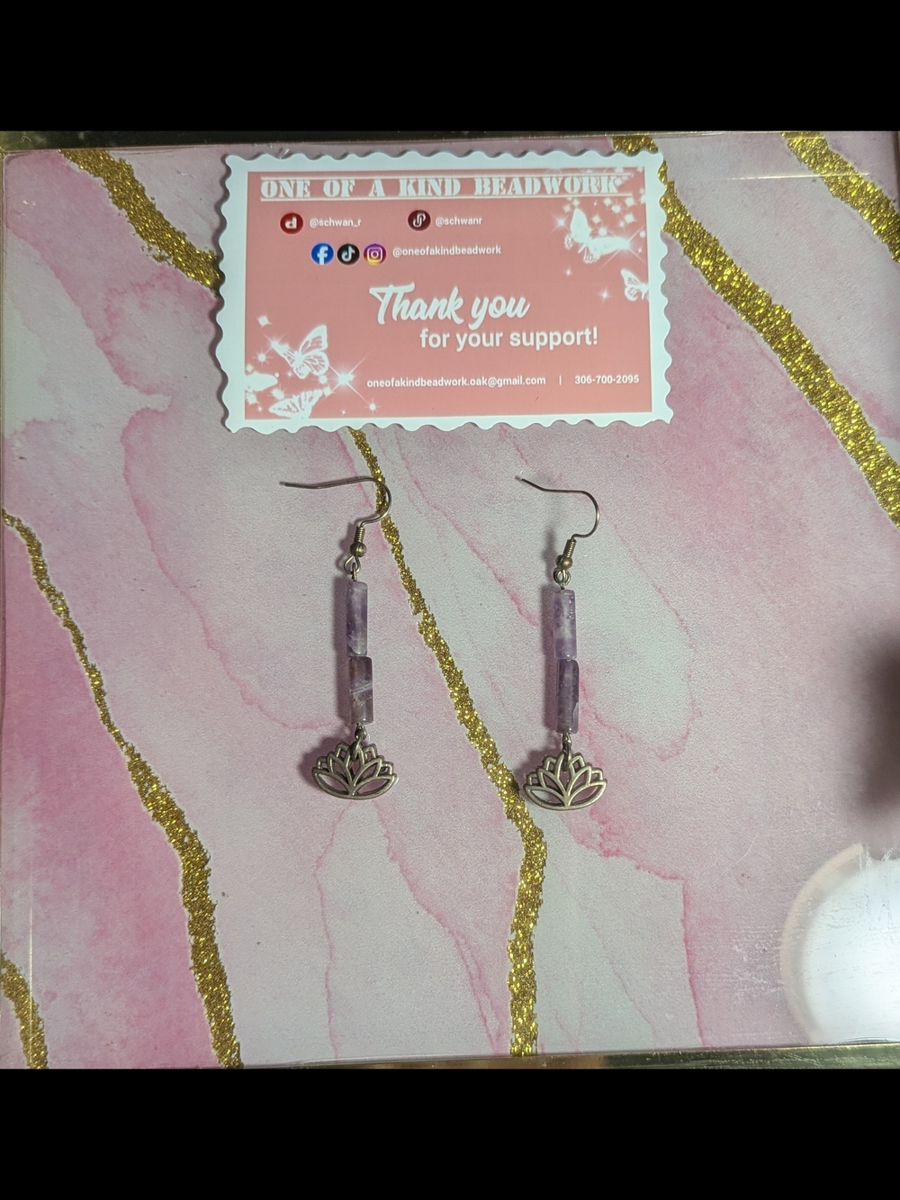One of a Kind Beadwork Purple Lotus Drop Earrings